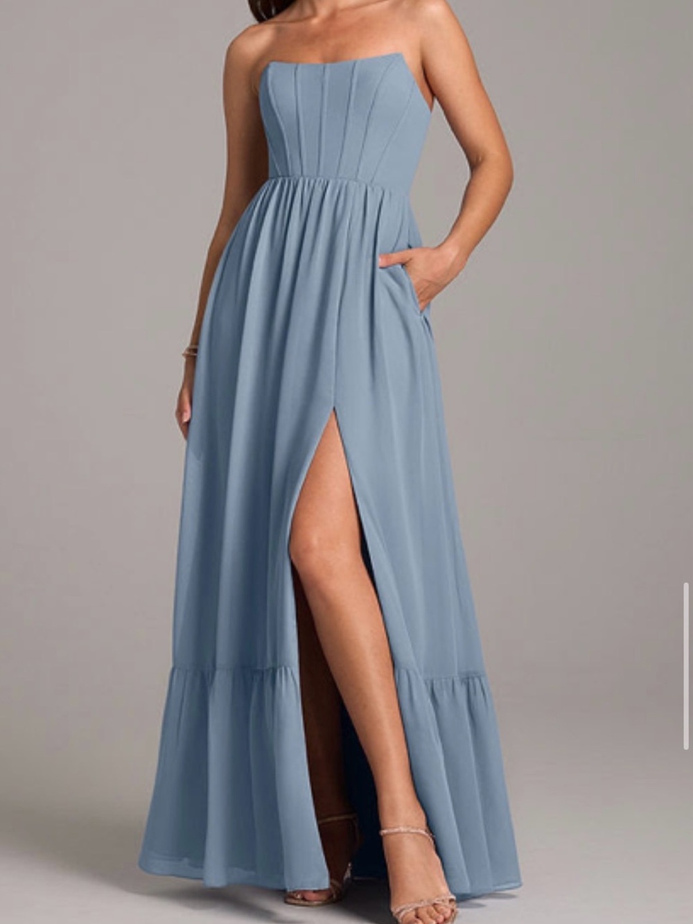 Azazie Dusty Blue Strapless Maxi Gown with High Slit